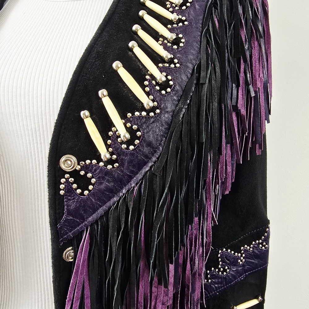 Leather Gallery Western Fringe Suede Jacket Cowgirl Southwest Beaded Size M Snap - Picture 6 of 15